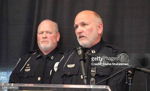 Moscow police Capt. Roger Lanier, right, speaks at a news conference Wednesday, Nov. 23, on progress in the investigation of the Nov. 13 stabbing...
