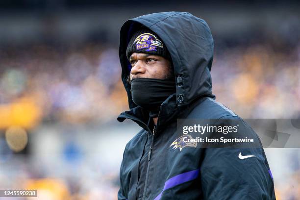 Baltimore Ravens quarterback Lamar Jackson looks on during the national football league game between the Baltimore Ravens and the Pittsburgh Steelers...