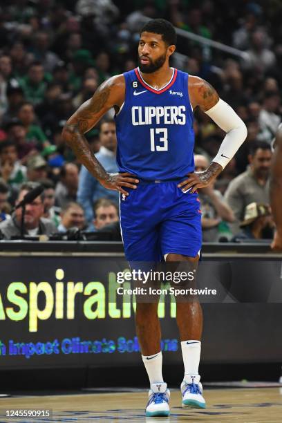 Los Angeles Clippers Guard Paul George looks on during a NBA game between the Boston Celtics and the Los Angeles Clippers on December 12, 2022 at...