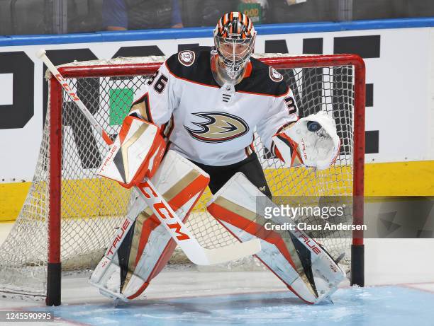 John Gibson of the Anaheim Ducks warms up prior to playing the Toronto Maple Leafs at Scotiabank Arena on December 13, 2022 in Toronto, Ontario,...