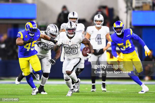 Las Vegas Raiders running back Josh Jacobs breaks free on a run during the NFL game between the Las Vegas Raiders and the Los Angeles Rams on...