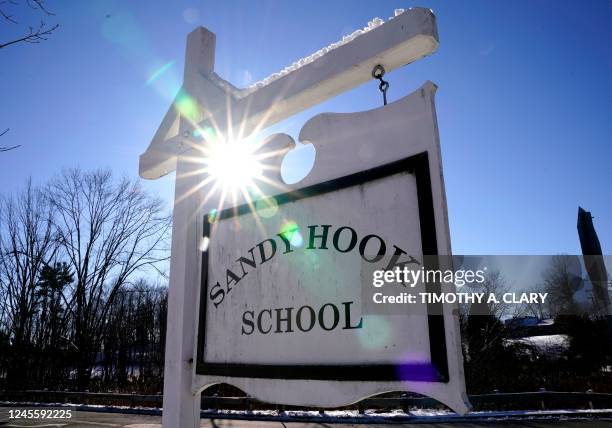 Sign for Sandy Hook Elementary School in Newtown, Connecticut, on December 13, 2022. - The memorial honors the twenty children and six educators who...