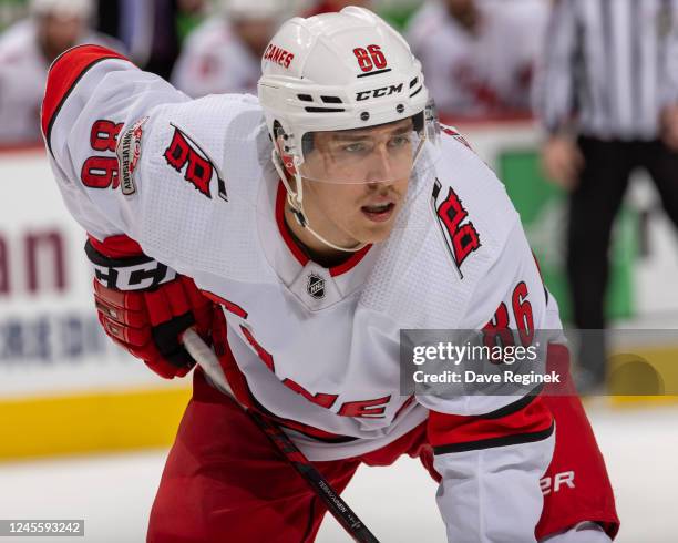 Teuvo Teravainen of the Carolina Hurricanes gets set for the face-off against the Detroit Red Wings during the second period of an NHL game at Little...