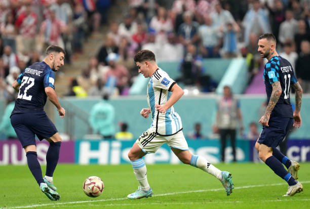 Julian Alvarez of Argentina in the action that will lead to his goal ,during the FIFA World Cup Qatar 2022 semi final match between Argentina and...