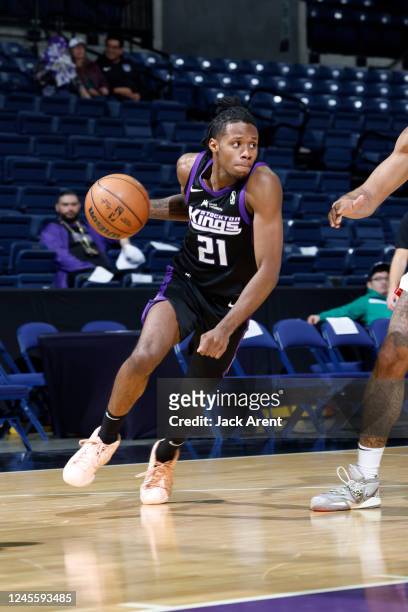 Steward of the Stockton Kings dribbles the ball during the game against the Ontario Clippers on December 13, 2022 at Stockton Arena in Stockton,...