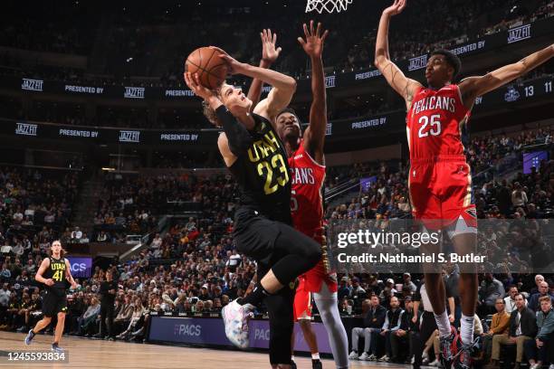 Lauri Markkanen of the Utah Jazz drives to the basket during the game against the New Orleans Pelicans on December 13, 2022 at Vivint Arena in Salt...