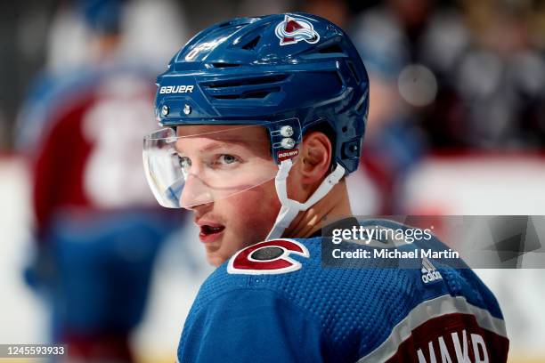 Cale Makar of the Colorado Avalanche warms up prior to the game against the Philadelphia Flyers at Ball Arena at Ball Arena on December 13, 2022 in...