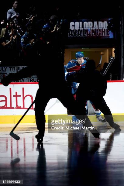 Cale Makar of the Colorado Avalanche takes to the ice prior to the game against the Philadelphia Flyers at Ball Arena on December 13, 2022 in Denver,...