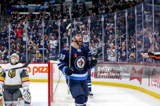 Sam Gagner of the Winnipeg Jets celebrates after scoring a second period goal against the Vegas Golden Knights at the Canada Life Centre on December...