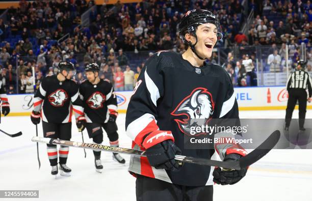 Peyton Krebs of the Buffalo Sabres celebrates his third period goal during an NHL game against the Los Angeles Kings on December 13, 2022 at KeyBank...