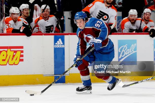 Evan Rodrigues of the Colorado Avalanche skates against the Philadelphia Flyers at Ball Arena on December 13, 2022 in Denver, Colorado.