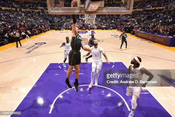 Blake Griffin of the Boston Celtics dunks the ball during the game against the Los Angeles Lakers on December 13, 2022 at Crypto.Com Arena in Los...