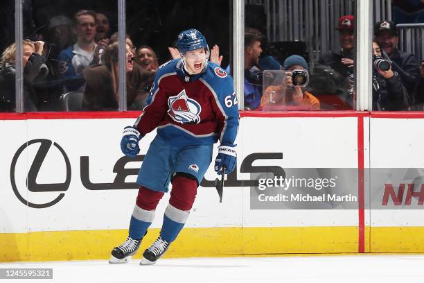 Artturi Lehkonen of the Colorado Avalanche celebrates a goal against the Philadelphia Flyers at Ball Arena on December 13, 2022 in Denver, Colorado.