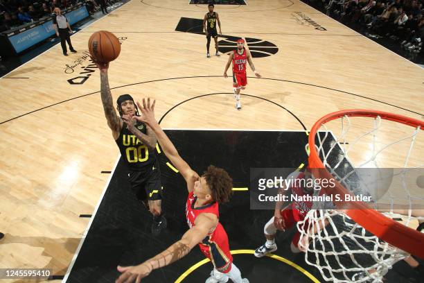Jordan Clarkson of the Utah Jazz drives to the basket during the game against the New Orleans Pelicans on December 13, 2022 at Vivint Arena in Salt...