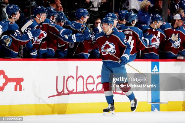 Artturi Lehkonen of the Colorado Avalanche celebrates a goal against the Philadelphia Flyers at Ball Arena on December 13, 2022 in Denver, Colorado.