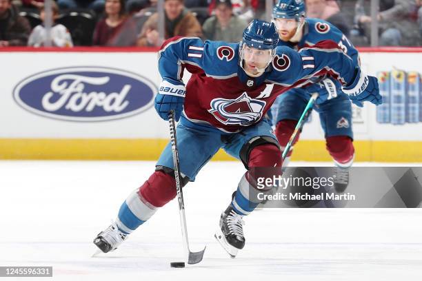 Andrew Cogliano of the Colorado Avalanche skates against the Philadelphia Flyers at Ball Arena on December 13, 2022 in Denver, Colorado.