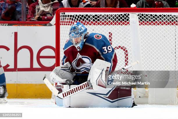 Goaltender Pavel Francouz of the Colorado Avalanche makes a save against the Philadelphia Flyers at Ball Arena on December 13, 2022 in Denver,...