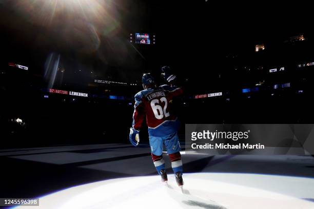 Artturi Lehkonen of the Colorado Avalanche is recognized as a star of the game against the Philadelphia Flyers at Ball Arena on December 13, 2022 in...
