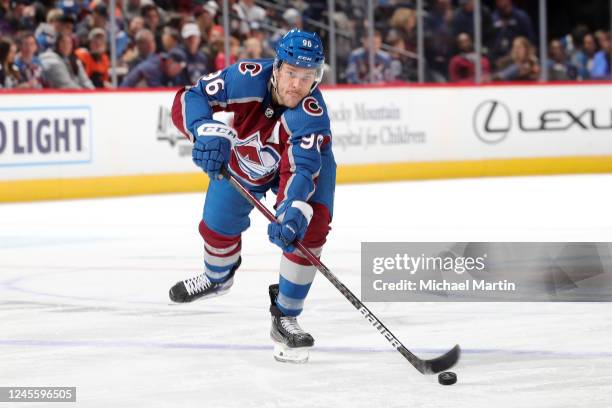 Mikko Rantanen of the Colorado Avalanche makes a pass against the Philadelphia Flyers at Ball Arena on December 13, 2022 in Denver, Colorado.