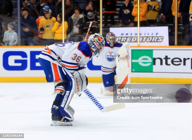 Edmonton goalies Jack Campbell and Stuart Skinner are shown prior to the NHL game between the Nashville Predators and Edmonton Oilers, held on...