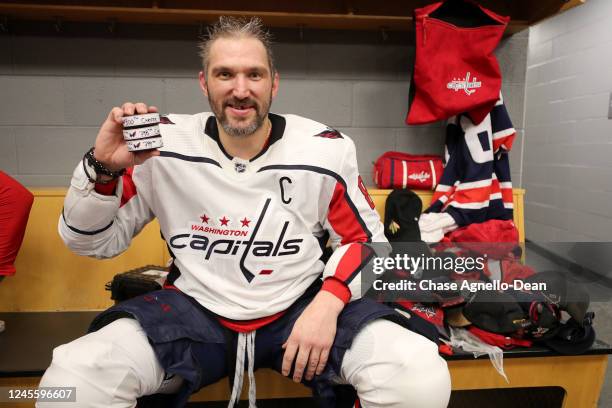 Alex Ovechkin of the Washington Capitals poses for a photo after scoring a hat-trick and his 800th career goal, following the game against the...