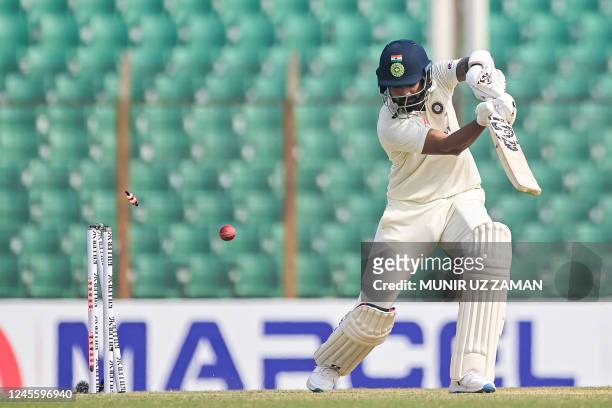 India's KL Rahul is dismissed during the first day of the first cricket Test match between Bangladesh and India at the Zahur Ahmed Chowdhury Stadium...