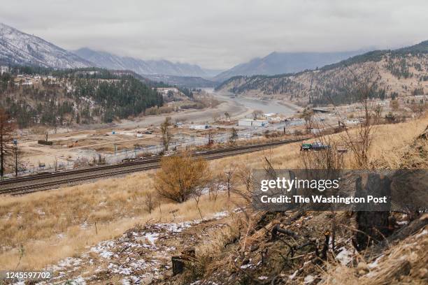 Lytton, B.C.-11/15/22- Lytton, B.C. Was lost to wildfires the summer of 2021. The largely cleaned up town site can be seen in the background. The...