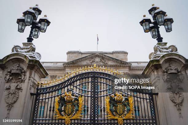 View of Buckingham Palace's gate. London is blanketed with snow, as the Met office issues yellow weather warnings for freezing temperatures.