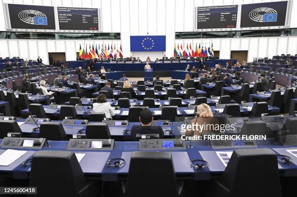 European Commission President Ursula von der Leyen delivers a speech during a preparatory debate on the eve of the European Council Meeting, at the...