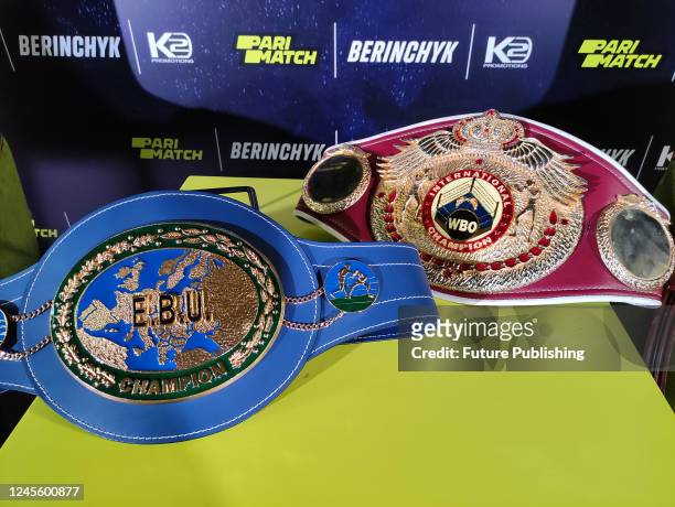 Championship belts belonging to Ukrainian boxer, WBO International and EBU lightweight champion Denys Berinchyk are seen during his meeting with...