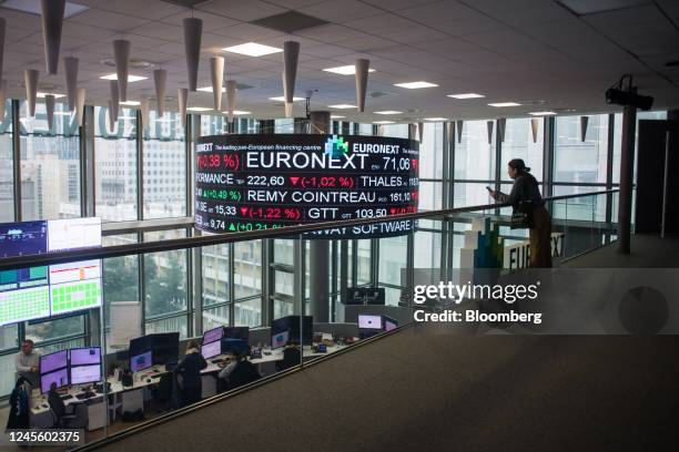 Balcony above a trading floor inside the Euronext NV stock exchange in Paris, France, on Wednesday, Dec. 14, 2022. Paris is close to claiming crown...