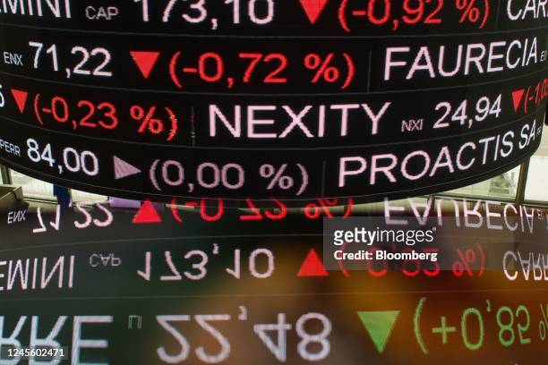 Stock price information displayed on a trading floor from the balcony inside the Euronext NV stock exchange in Paris, France, on Wednesday, Dec. 14,...