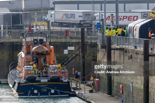 The Dover RNLI boat prepares to go back out after dropping off the bodies of people who have tragically drowned in the English Channel whilst...