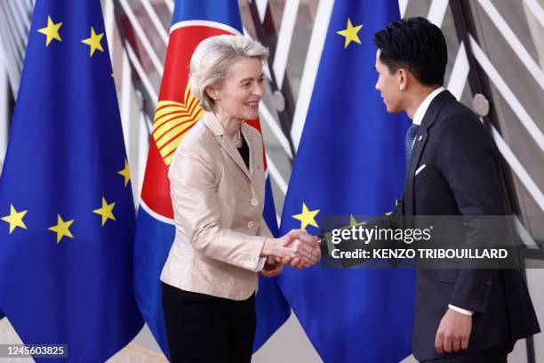 Prince Abdul Mateen of Brunei shakes hands with President of the European Commission Ursula von der Leyen as he arrives at the EU-ASEAN summit at the...
