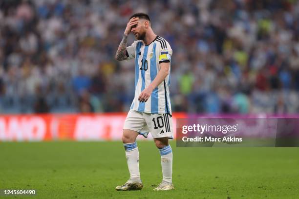Lionel Messi of Argentina looks dejected during the FIFA World Cup Qatar 2022 semi final match between Argentina and Croatia at Lusail Stadium on...