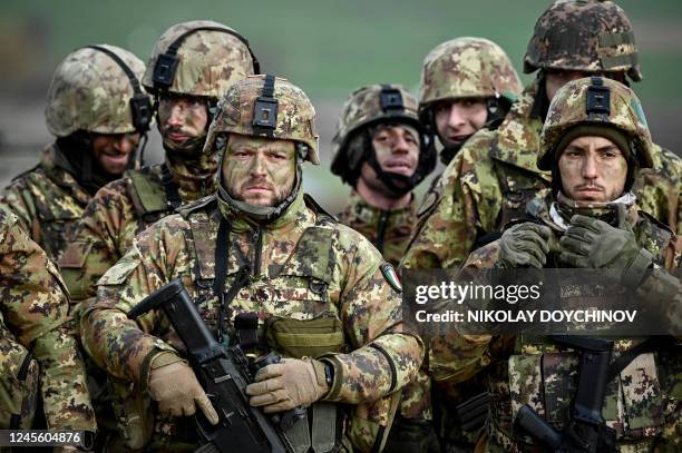 Italian Army troops, take part in the joint military exercise "Strike Back" at the Novo Selo military ground, northwestern Bulgaria, on December 14,...