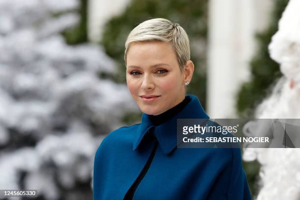 Princess Charlene of Monaco attends the inauguration of the traditional Christmas tree ceremony as part of the Christmas holiday season at the Monaco...