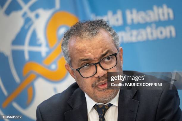 Director-General Tedros Adhanom Ghebreyesus gives a press conference at the World Health Organization's headquarters in Geneva, on December 14, 2022.