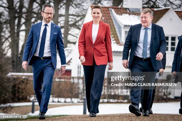 Danish Prime Minister and leader of The Social Democrats, Mette Frederiksen , Chairman of the Liberal Party Venstre Jakob Ellemann-Jensen and Leader...