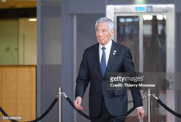 Prime Minister of Singapore Lee Hsien Loong arrives for the European Union and the Association of Southeast Asian Nations meeting in the Justus...