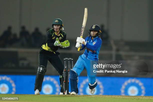 Devika Vaidya of India plays a shot during the T20 International series between India and Australia at Brabourne Stadium on December 14, 2022 in...