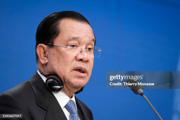 Prime Minister of Cambodia Hun Sen is talking to media at the end of the European Union and the Association of Southeast Asian Nations meeting in the...