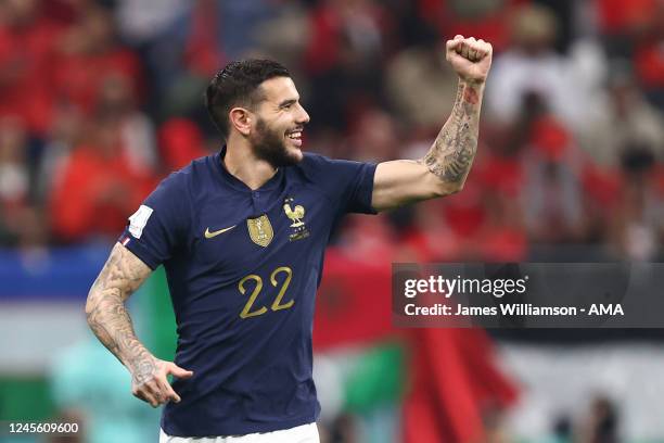 Theo Hernandez of France celebrates after scoring a goal to make it 1-0 during the FIFA World Cup Qatar 2022 semi final match between France and...