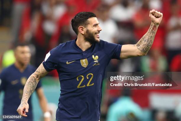 Theo Hernandez of France celebrates scoring the first goal during the FIFA World Cup Qatar 2022 semi final match between France and Morocco at Al...