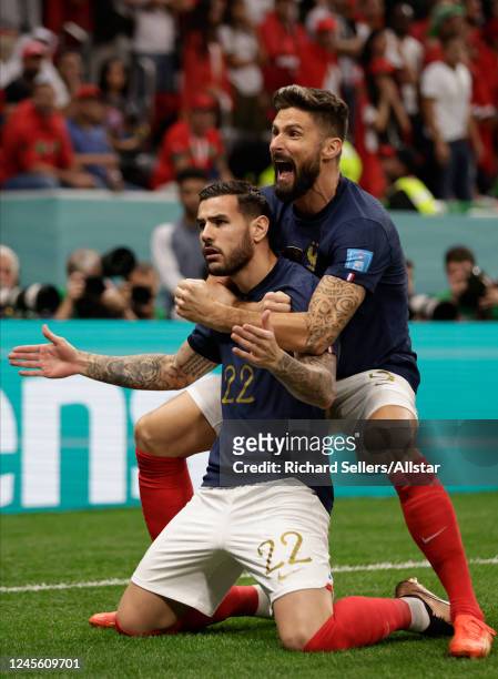 Theo Hernandez and Olivier Giroud of France celebrate 1st goal during the FIFA World Cup Qatar 2022 semi final match between France and Morocco at Al...