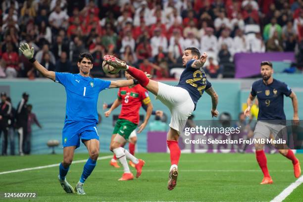 Theo Hernandez of France scores the opening goal during the FIFA World Cup Qatar 2022 semi final match between France and Morocco at Al Bayt Stadium...