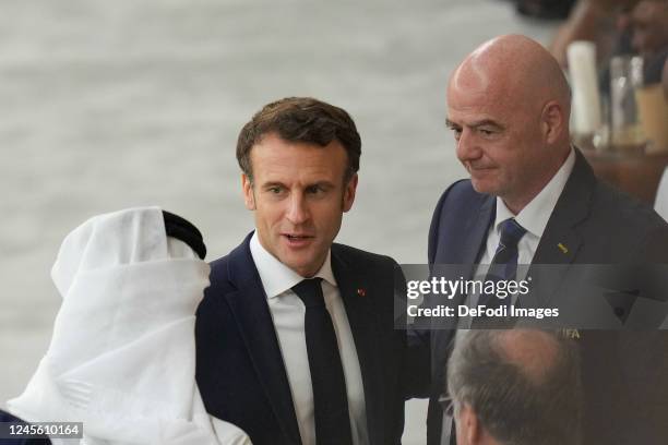 Hamad Bin Khalifa Bin Ahmed Al-Thani, Gianni Infantino and Emmanuel Macron look on prior to the FIFA World Cup Qatar 2022 semi final match between...