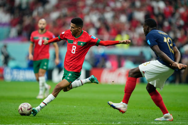 Azzedine Ounahi central midfield of Morocco and Angers SCO shooting to goal during the FIFA World Cup Qatar 2022 semi final match between France and...