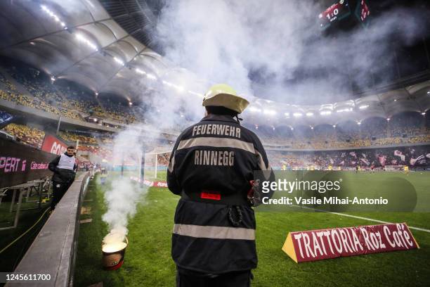 Fireman is seen during the game between Rapid Bucuresti and Petrolul Ploiesti in Round 20 of Liga 1 Romania at National Arena Stadium on December 14,...