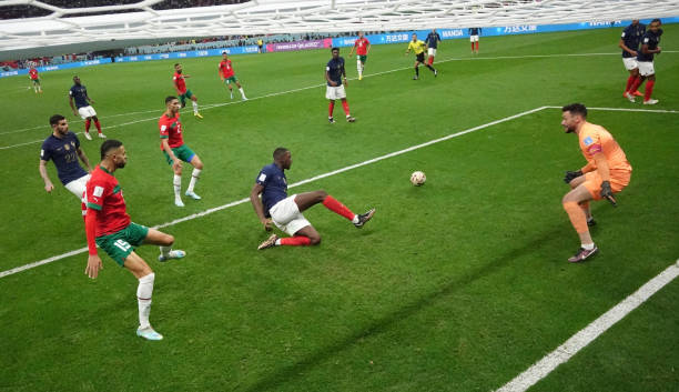 France's Ibrahima Konate in action during the FIFA World Cup Qatar 2022 semi final match between France and Morocco at Al Bayt Stadium on December...
